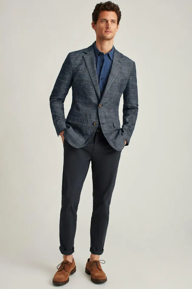 Men Unconstructed Italian Linen Blazer Navy Plaid Bonobos Blazers and Sport Coats