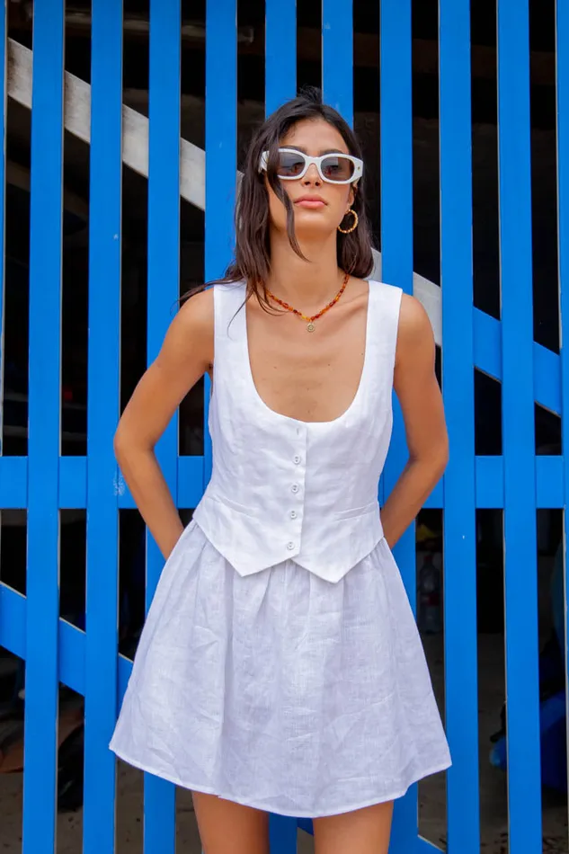Mini Dresses Women VRG GRL Ma Cherie Linen Mini Dress White Mini Dresses Women VRG GRL Ma Cherie Linen Mini Dress White