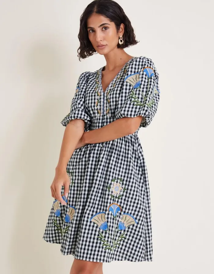 Monsoon Bria Embroidered Gingham Mini Dress Black Women Casualwear Monsoon Bria Embroidered Gingham Mini Dress Black Women Casualwear