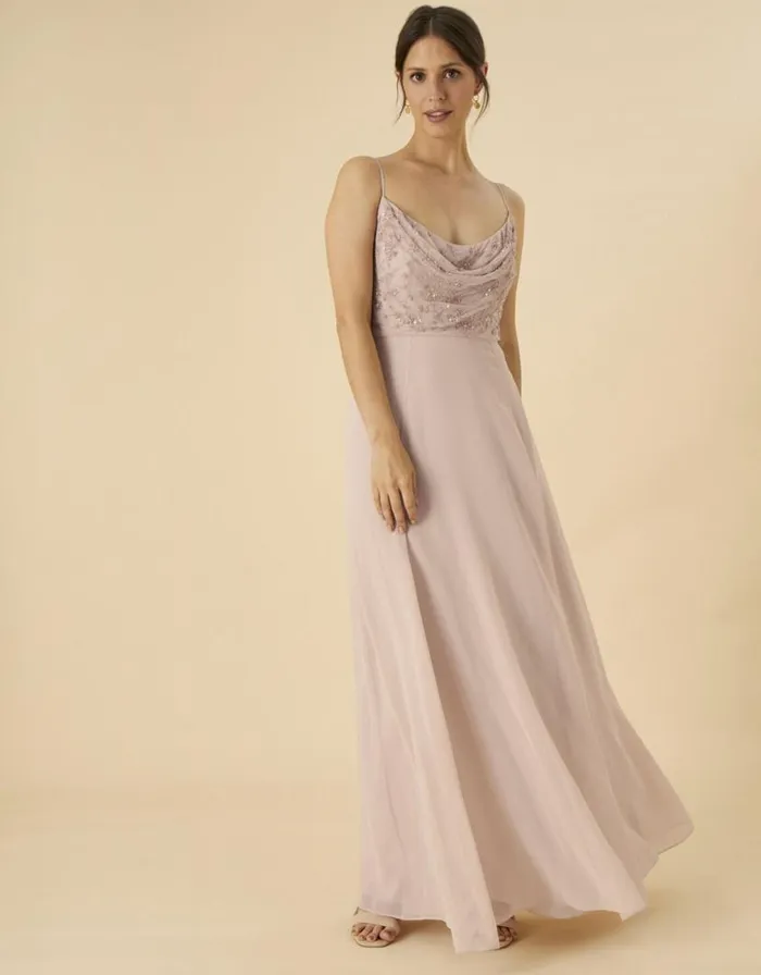 Monsoon Campbell Cowl Neck Maxi Dress In Recycled Polyester Pink Women Occasionwear