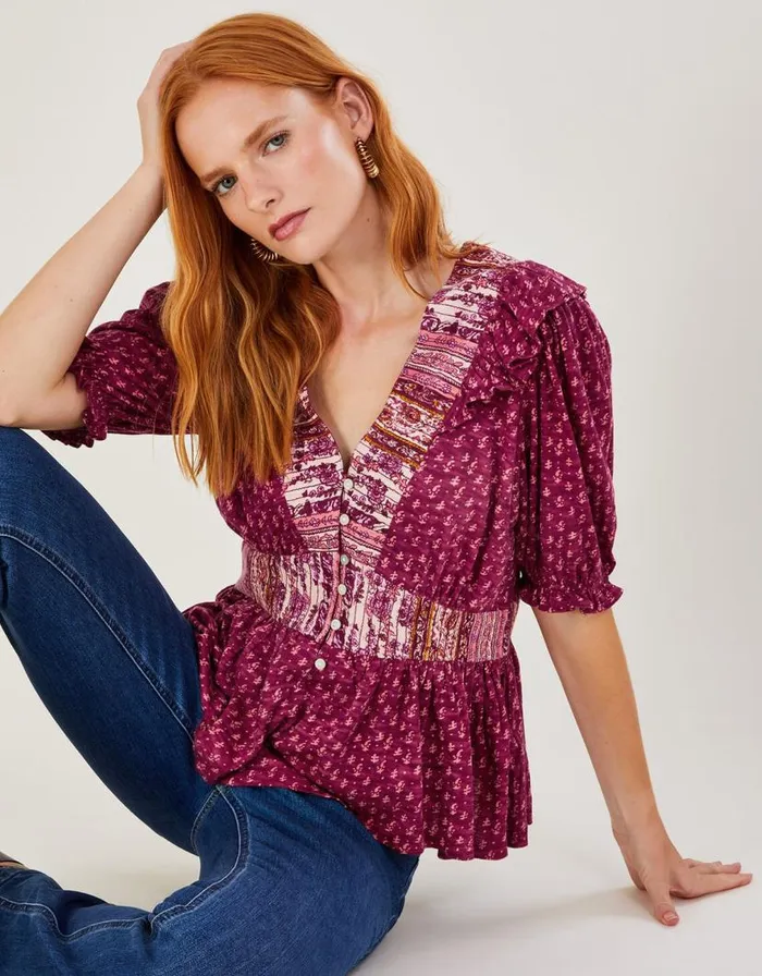 Monsoon Deep VNeck Frill Long Sleeve Jersey Top Pink Women Tops and Blouses