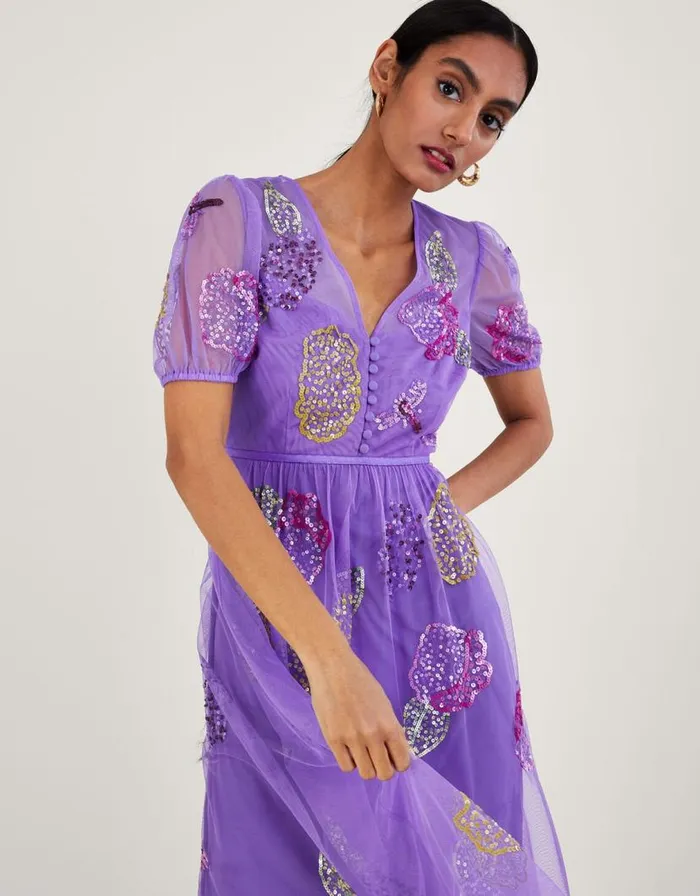 Monsoon Diana Embellished Tea Dress Purple Women Occasionwear Monsoon Diana Embellished Tea Dress Purple Women Occasionwear