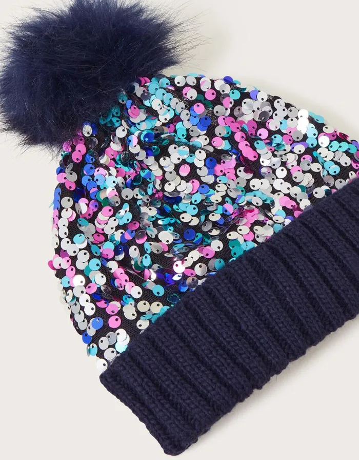 Monsoon Izzy Sequin Beanie Hat Blue Children Hats and Sunglasses Monsoon Izzy Sequin Beanie Hat Blue Children Hats and Sunglasses