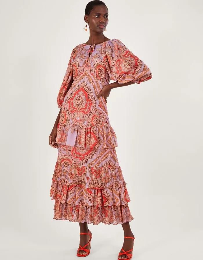 Monsoon Laetita Printed Tiered Maxi Dress With Recycled Polyester Purple Women Occasionwear