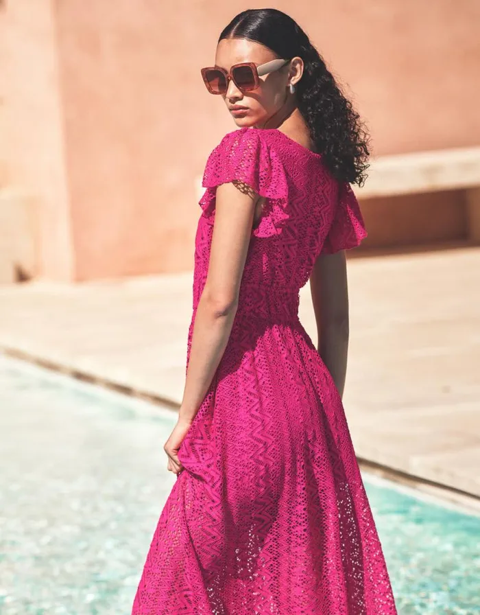 Monsoon Lo Lace Jersey Ruffle Dress Pink Women Midi Dresses