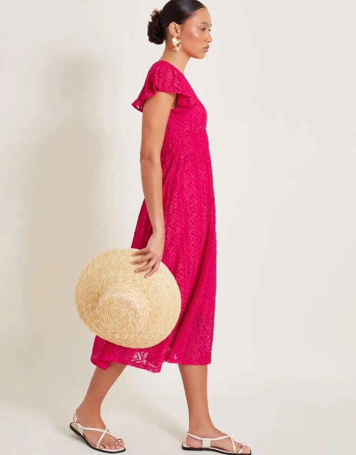 Monsoon Lo Lace Jersey Ruffle Dress Pink Women Midi Dresses Monsoon Lo Lace Jersey Ruffle Dress Pink Women Midi Dresses