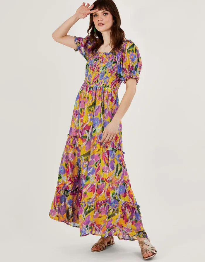Monsoon Suzannah Metallic Print Maxi Dress Yellow Women Occasionwear
