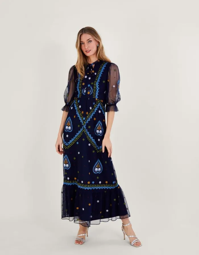 Monsoon Tracey Embroidered Maxi Dress In Recycled Polyester Blue Women Occasionwear