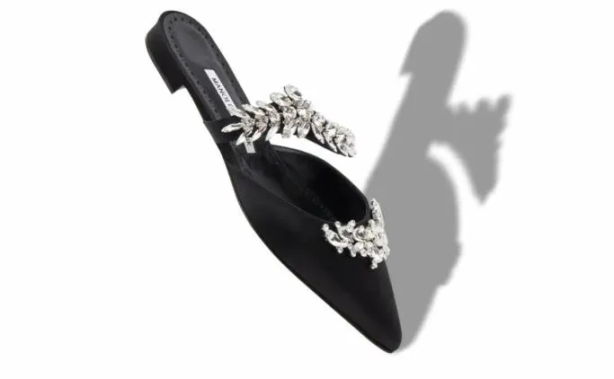 Mules Women Manolo Blahnik LURUMFLATBlack Satin Crystal Embellished Flat Mules