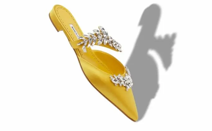 Mules Women Manolo Blahnik LURUMFLATYellow Satin Crystal Embellished Flat Mules