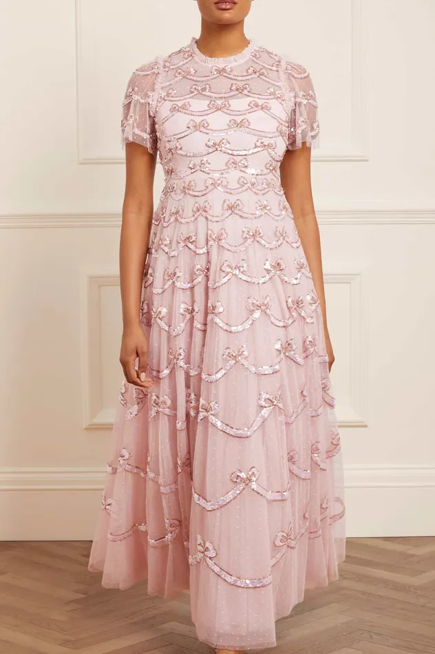 Needle and Thread Bow Sequin Short Sleeve Gown Pink Women Embellished Dresses