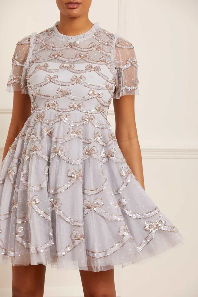 Needle and Thread Bow Sequin Short Sleeve Mini Dress Blue Women Embellished Dresses