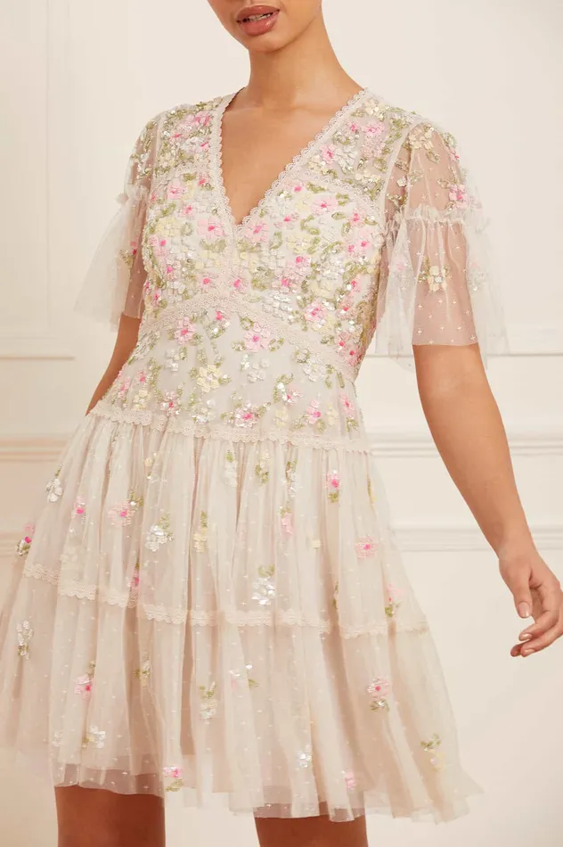 Needle and Thread Freesia Ditsy Micro Mini Dress Champagne Women Embellished Dresses