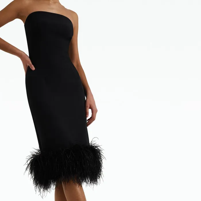 Safiyaa Oralie Black FeatherTrimmed Midi Dress Women Dresses