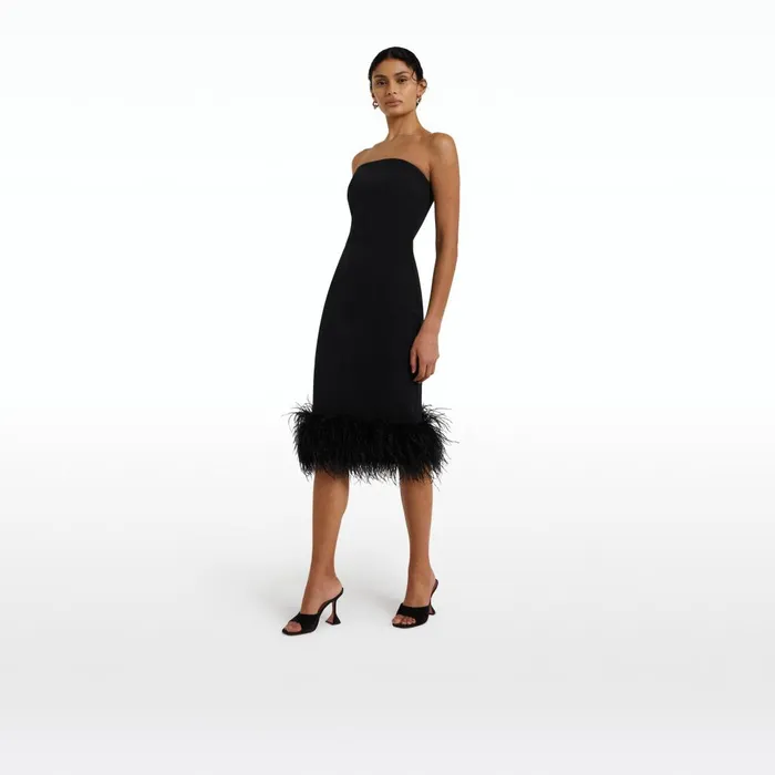 Safiyaa Oralie Black FeatherTrimmed Midi Dress Women Dresses