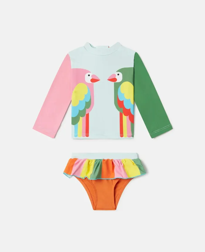 Stella McCartney Double Parrot Print Frill Swim Top And Bikini Briefs Multicolour Kids Baby Girls