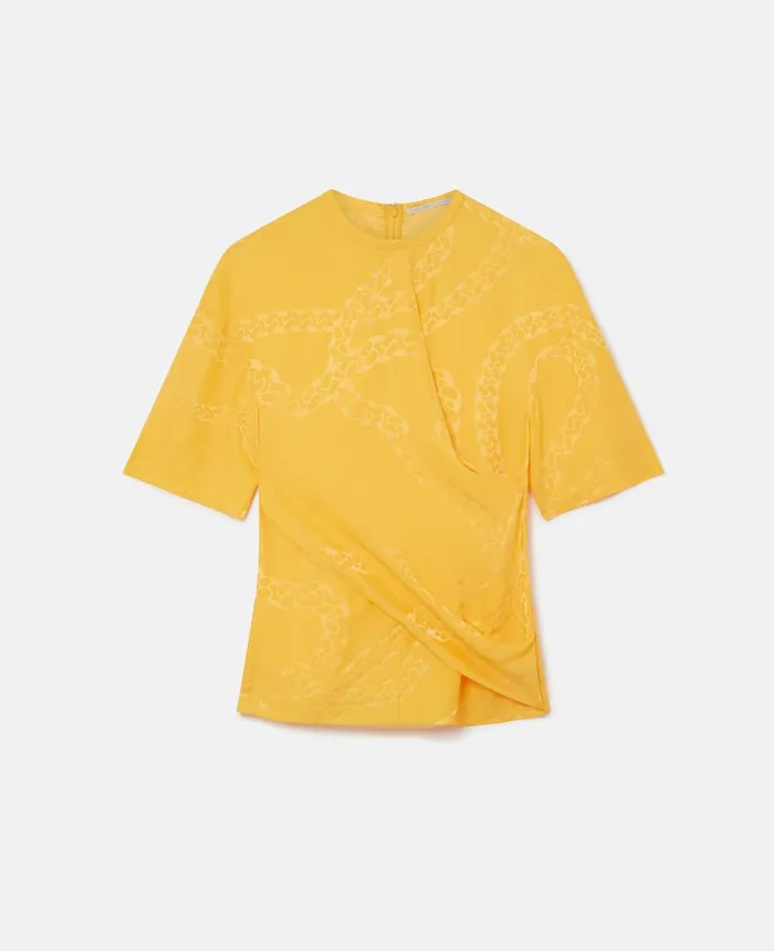 Stella McCartney Falabella Chain Silk Jacquard Wrap Front Top Sunflower Yellow Women Shirts And Tops