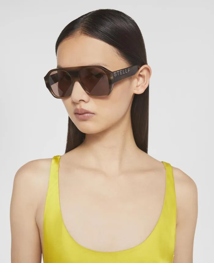 Stella McCartney Logo Chunky Aviator Sunglasses Shiny Brown Striped Horn Women Sunglasses Stella McCartney Logo Chunky Aviator Sunglasses Shiny Brown Striped Horn Women Sunglasses