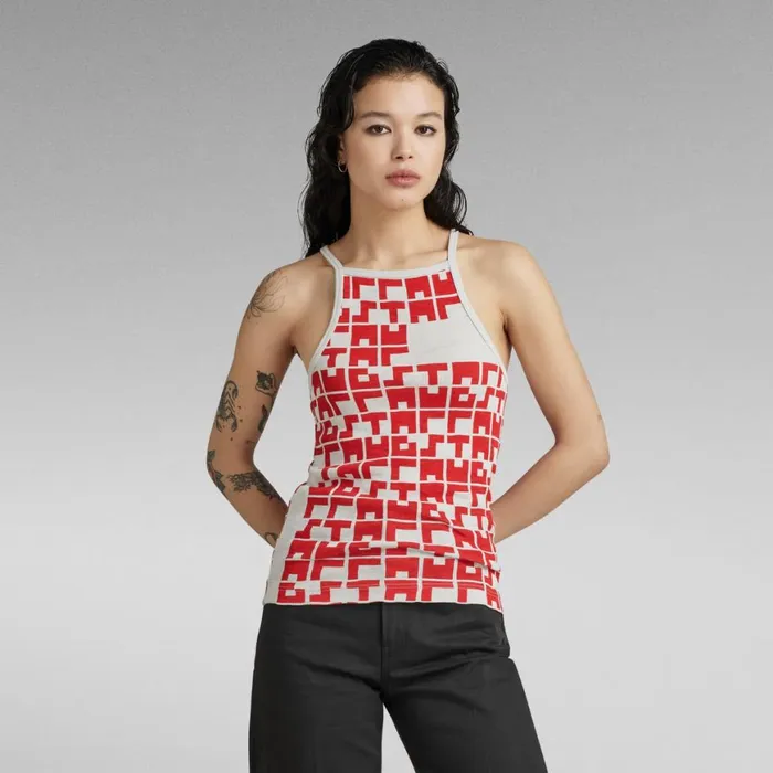 Tops and Tshirts Women GStar RAW Printed Tank Top Cropped Ultra Slim Oyster Mushroomacid Red Tetris