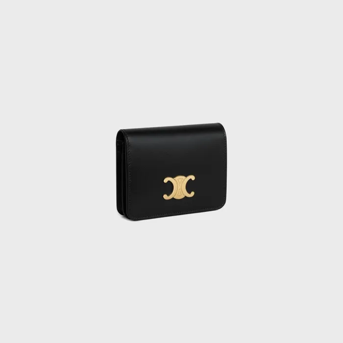 Triomphe Compact Wallet In Shiny Calfskin Black Women CELINE WALLETS Triomphe Compact Wallet In Shiny Calfskin Black Women CELINE WALLETS