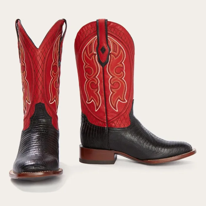 Western Men Stetson Arlington Black Teju Red Matte Cowboy Boot Black