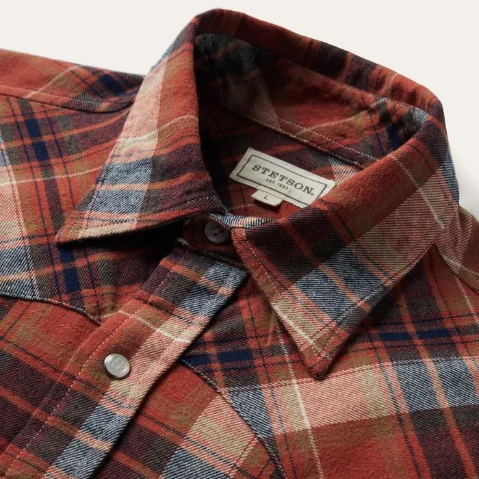 Western Shirts Men Stetson Brushed Twill Plaid Shirt Orange