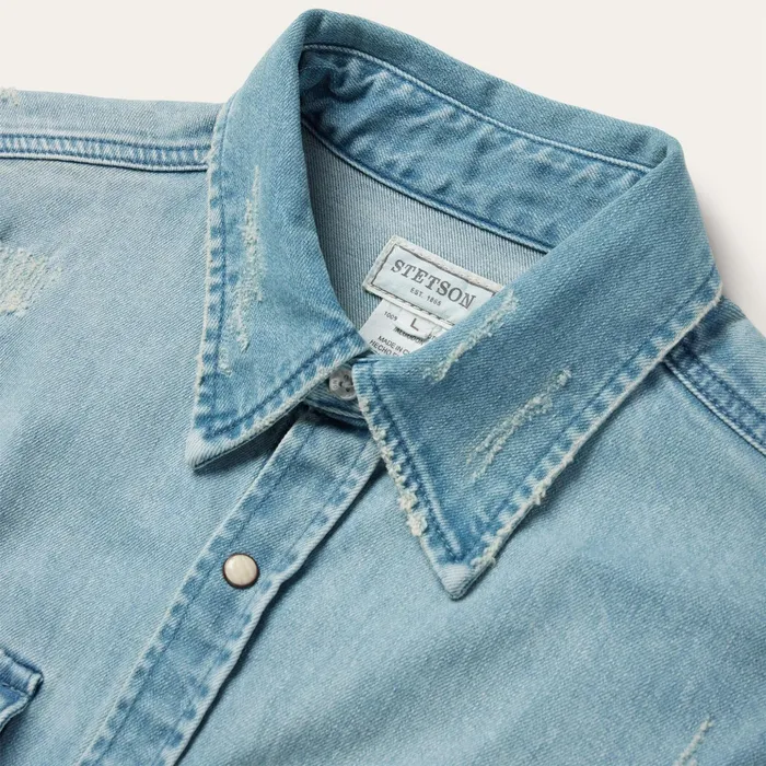 Western Shirts Men Stetson Distressed Denim Western Shirt Blue