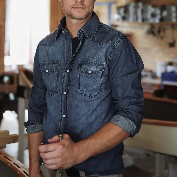 Western Shirts Men Stetson Medium Blue Denim Shirt Blue