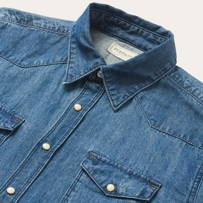 Western Shirts Men Stetson Medium Blue Denim Shirt Blue