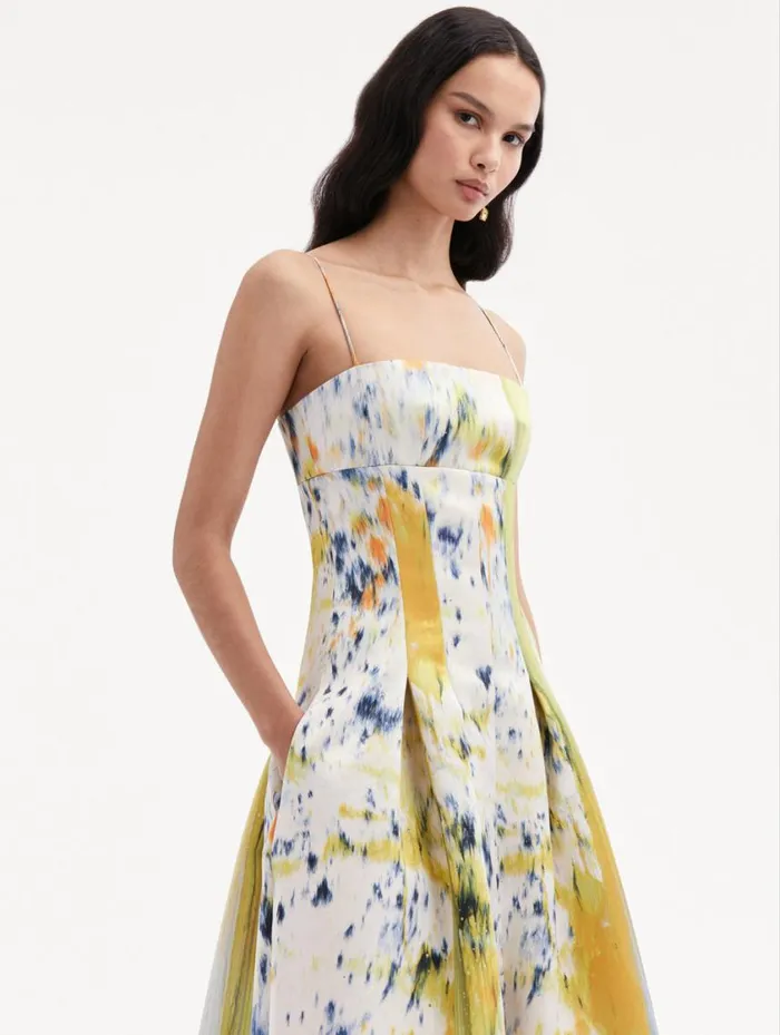 Women Abstract Brushstroke Satin Dress Calendula Multi Oscar De La Renta Dresses Women Abstract Brushstroke Satin Dress Calendula Multi Oscar De La Renta Dresses