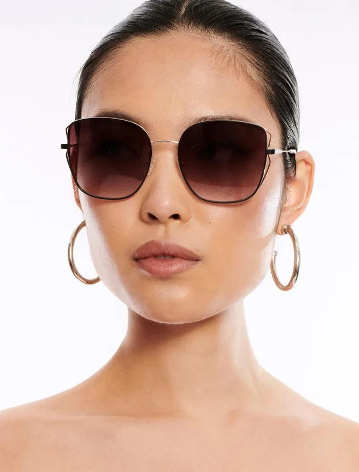 Women BCBG Sunglasses Muse Square Sunglasses Shiny Light Gold Black