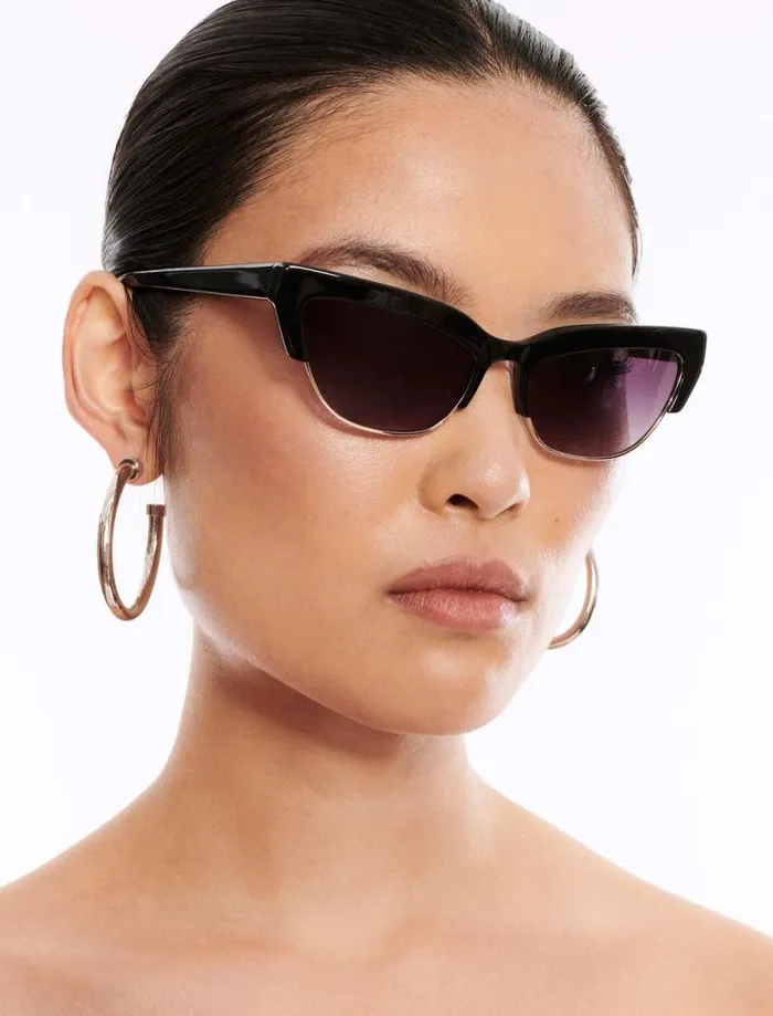 Women BCBG Sunglasses Retro Kitten Sunglasses Shiny Black Shiny Gold