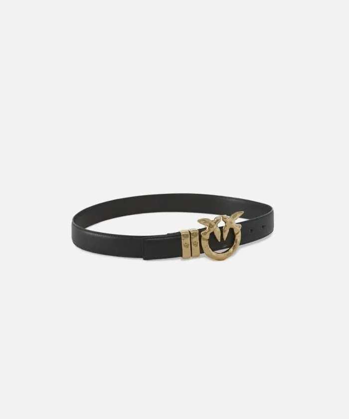 Women Belts Pinko Leather Belt With Hammered Metal Buckle 3 Cm Blacklight Gold