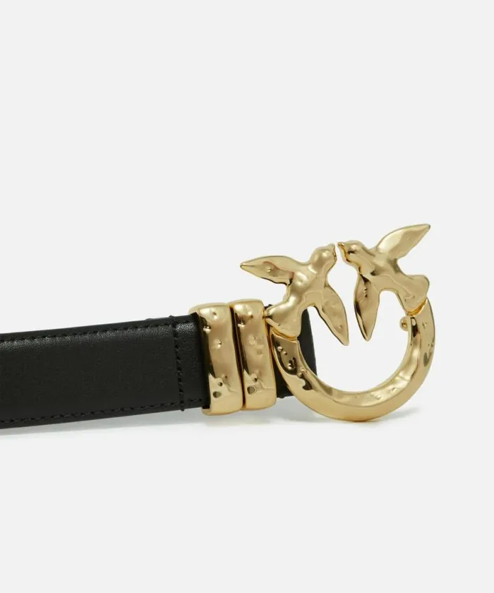 Women Belts Pinko Leather Belt With Hammered Metal Buckle 3 Cm Blacklight Gold