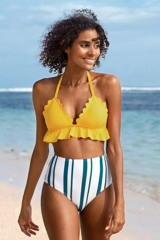 Women Bikini Sets Cupshe Beach Days Ruffle And Striped High Waisted Bikini Multicolor