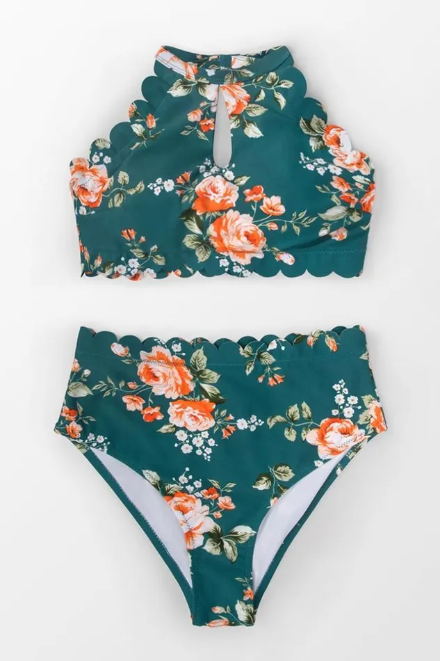 Women Bikini Sets Cupshe Teal Floral Scalloped High Waist Bikini Multicolor