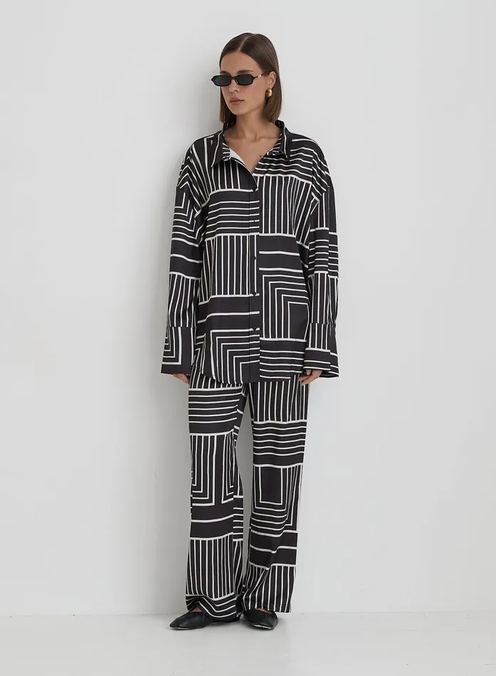 Women Black And Cream Abstract Print Relaxed Satin Trouser Kora 4th and Reckless Pants