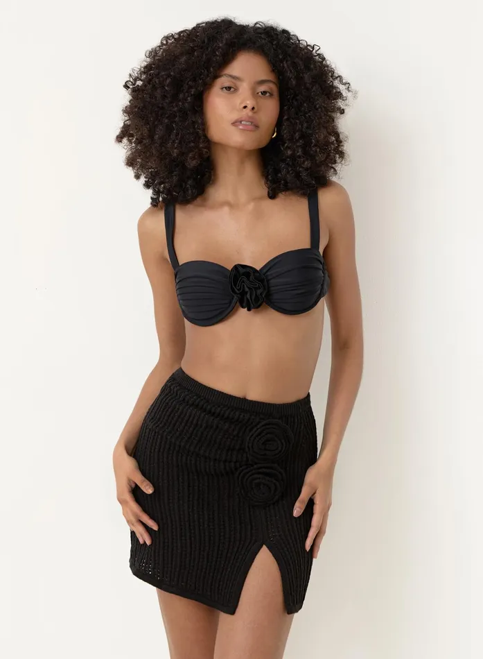 Women Black Knit Side Split Rose Mini Skirt Tahiti 4th and Reckless Knitwear