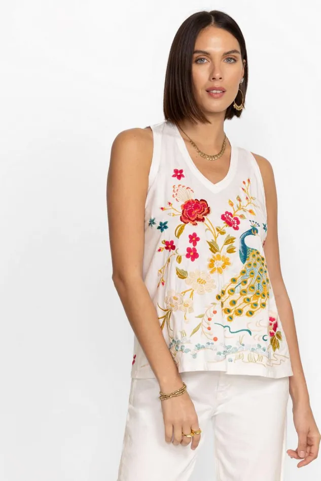 Women CELINA RAW EDGE VNECK TANK White Johnny Was Tops Women CELINA RAW EDGE VNECK TANK White Johnny Was Tops
