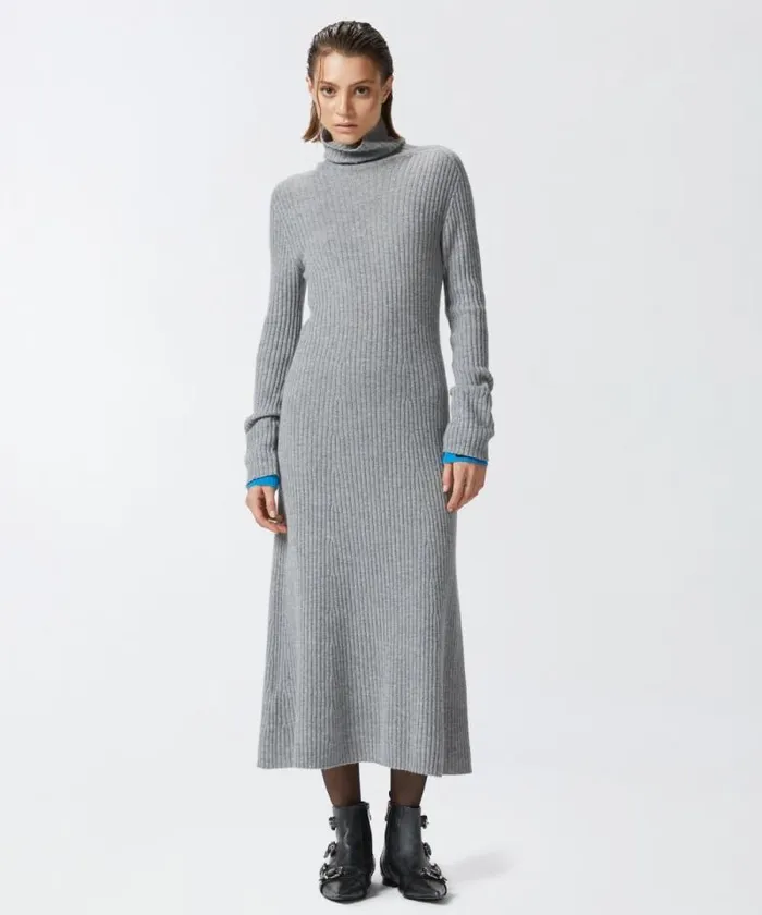 Women Dresses Pinko Long Ribbed Knit Cashmereblend Dress Light Greyturquoise Women Dresses Pinko Long Ribbed Knit Cashmereblend Dress Light Greyturquoise
