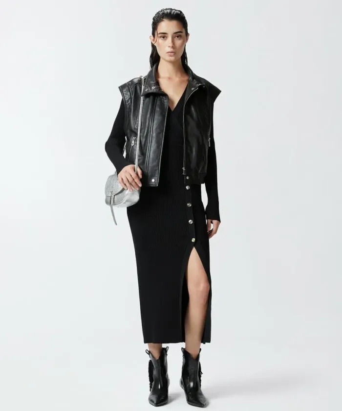 Women Dresses Pinko Long Ribbed Knit Dress With Golden Buttons Limo Black Women Dresses Pinko Long Ribbed Knit Dress With Golden Buttons Limo Black