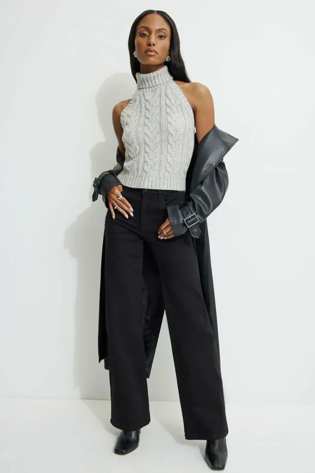 Women Dynamite Sweaters and Cardigans Cable Knit Halter Top Gray