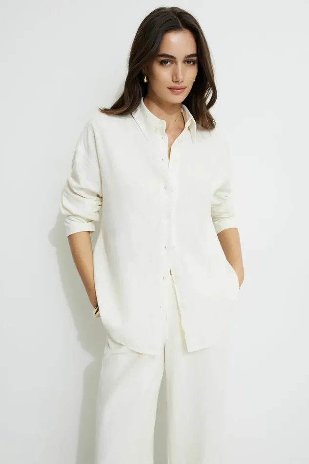 Women Dynamite Tops Linen Oversized Shirt Beige
