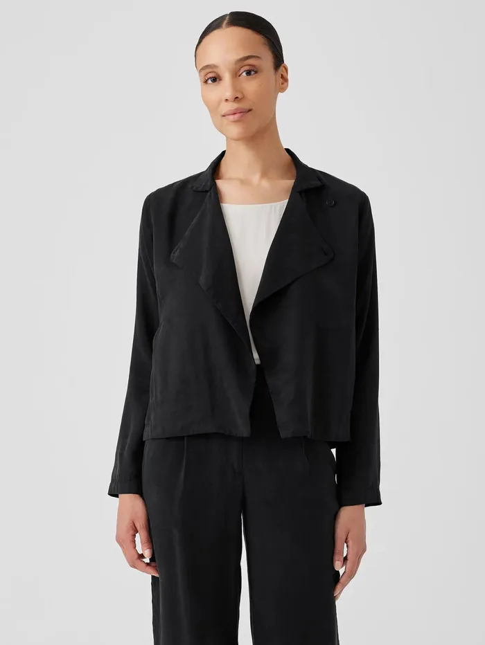 Women Eileen Fisher Jackets Coats and Vests Sandwashed Twill Stand Collar Jacket Black