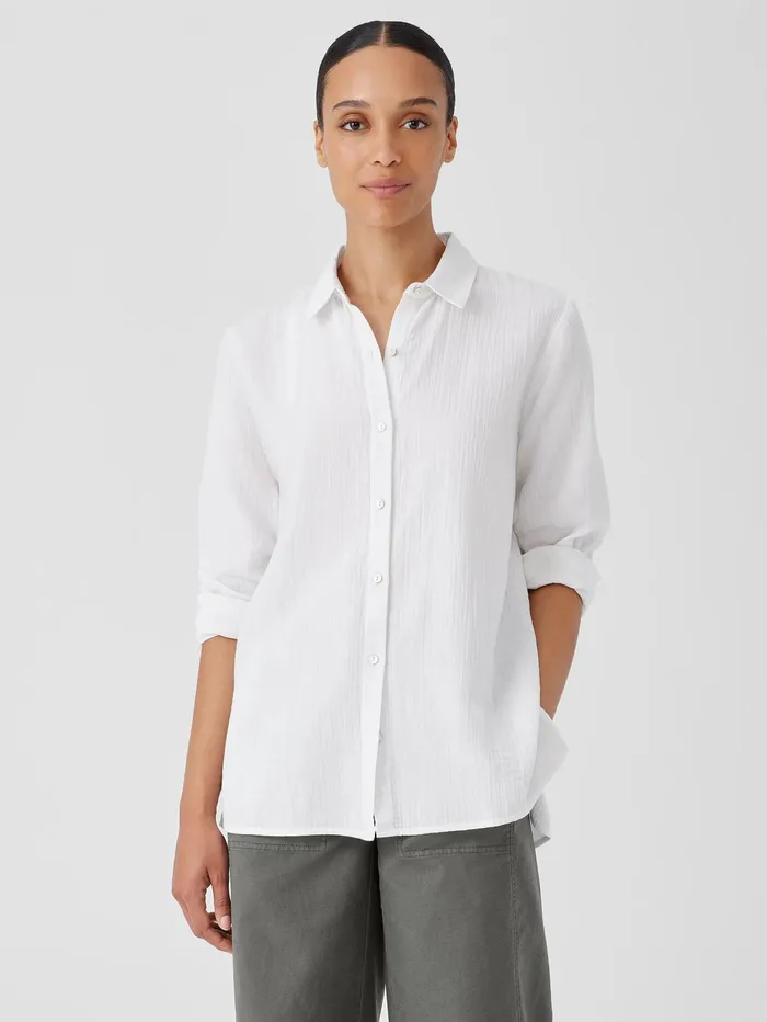 Women Eileen Fisher Tops and Tees Organic Cotton Ripple Classic Collar Shirt White