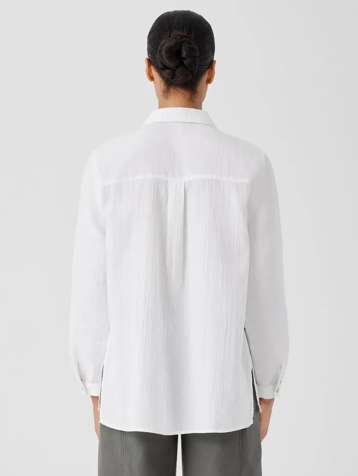 Women Eileen Fisher Tops and Tees Organic Cotton Ripple Classic Collar Shirt White