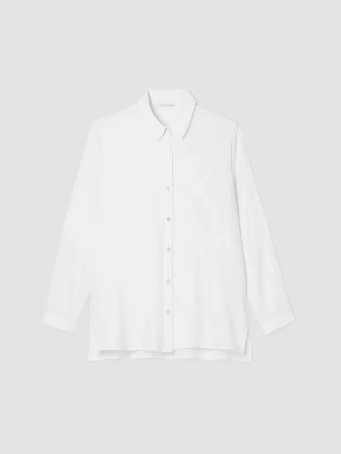Women Eileen Fisher Tops and Tees Organic Cotton Ripple Classic Collar Shirt White