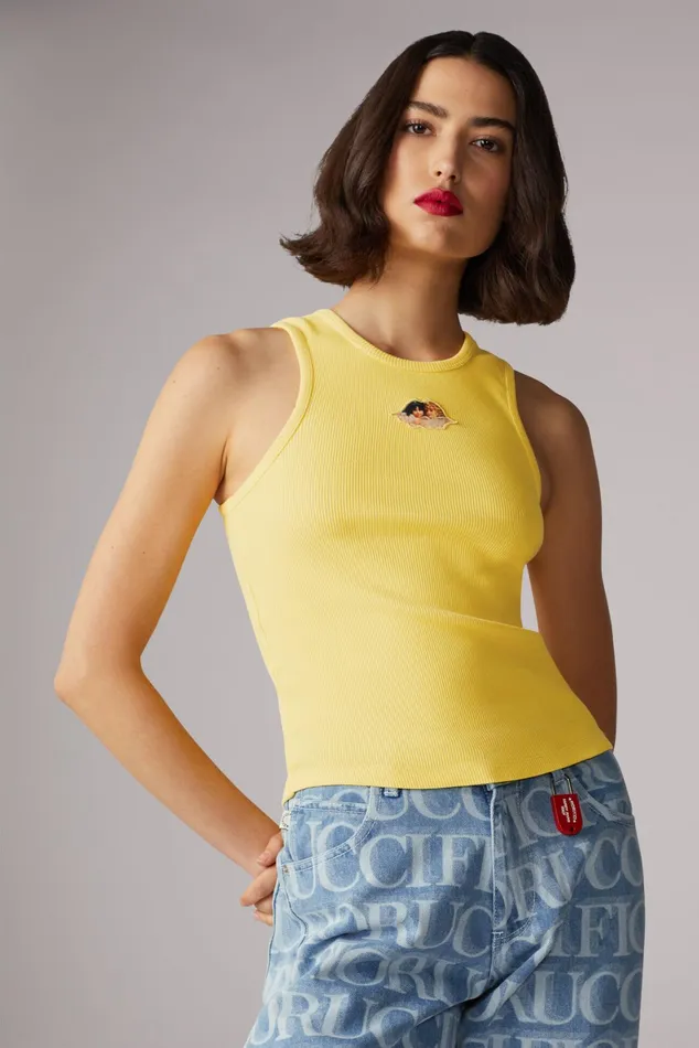 Women Fiorucci TShirts and Tops Icon Angels Ribbed Vest Yellow Women Fiorucci TShirts and Tops Icon Angels Ribbed Vest Yellow