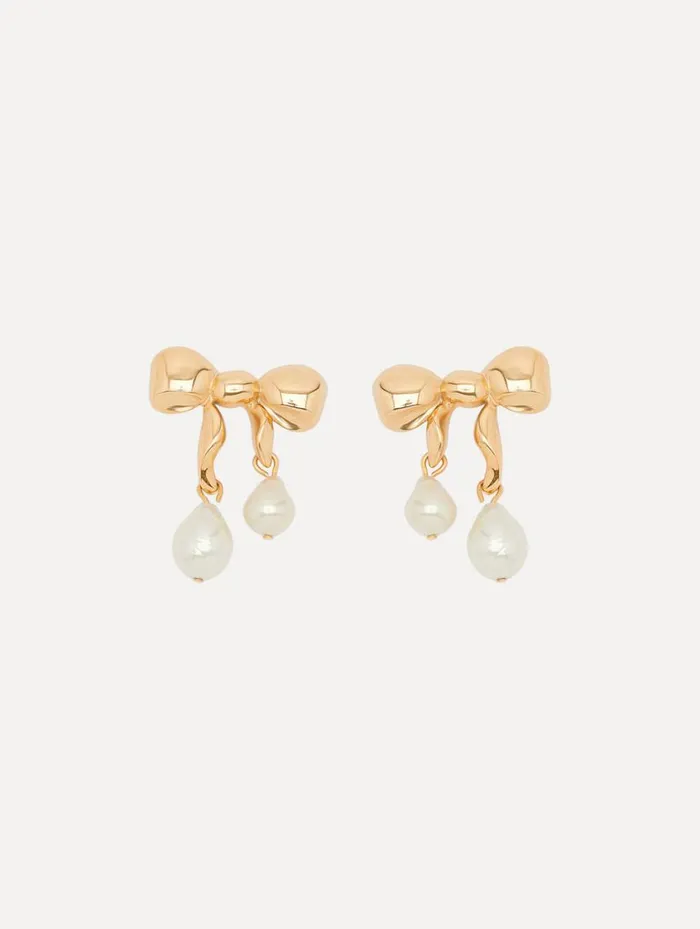 Women Heart and Bow Pearl Earrings Gold Oscar De La Renta Earrings