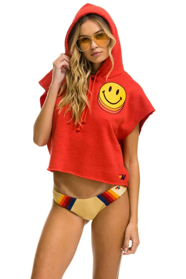 Women Hoodies Aviator Nation Smiley Sunset Sleeveless Relaxed Cropped Pullover Hoodie 8211 Red